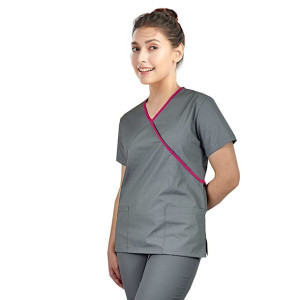 Bluza medyczna szara ciemna z lamówką amarant - 40