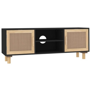 Stolik pod TV, czarny, 105x30x40 cm, drewno sosnowe i rattan