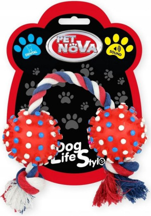 Pet Nova Dwie piłki jeż na sznurku 50cm czerw