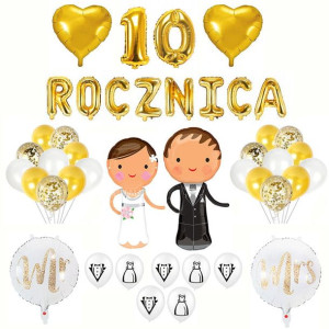 10 Rocznica Ślubu Balony Dekoracja Zestaw Złoty