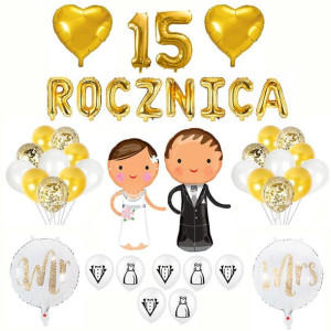 15 Rocznica Ślubu Balony Dekoracja Zestaw Złoty
