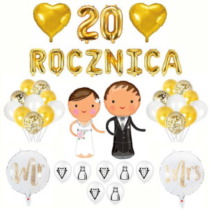 20 Rocznica Ślubu Balony Dekoracja Zestaw Złoty
