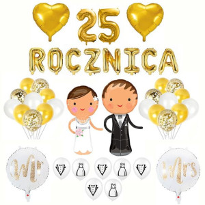 25 Rocznica Ślubu Balony Dekoracja Zestaw Złoty