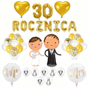 30 Rocznica Ślubu Balony Dekoracja Zestaw Złoty