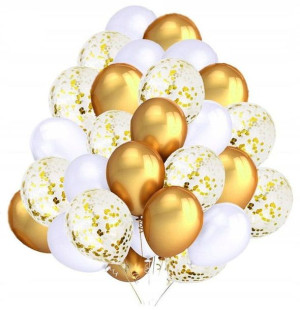 Balony Białe Złote Konfetti Komunia Chrzest 30szt
