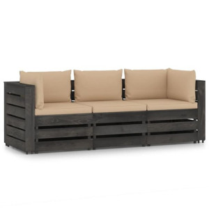 Ogrodowa sofa 3-os z poduszkami, impregnowane na szaro drewno