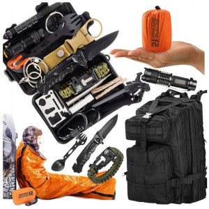 Zestaw Survivalowy 32w1 + Śpiwór 90x210 Plecak 35l