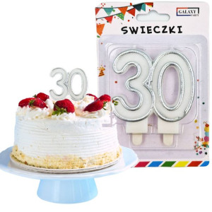 Świeczka Urodzinowa na Tort Cyfra 30 Srebrna