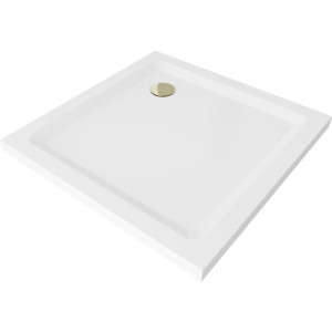 Mexen Flat brodzik kwadratowy slim 100 x 100 cm, biały, syfon złoty