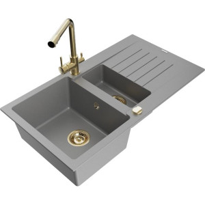 Mexen Matias zlewozmywak granitowy 1,5-komorowy z baterią kuchenną, szary
