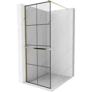 Mexen Kioto+ ścianka prysznicowa z półką 90 x 200, czarny wzór 8 mm, złota