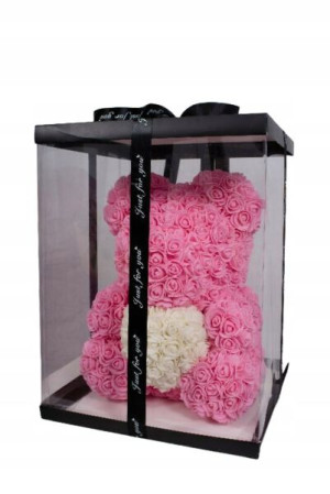 Różowy Miś Z Róż Z Białym Sercem - 40 Cm + Box