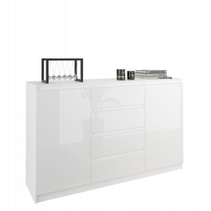 Komoda 140cm Szafka 4 Szuflady 2 Półk Biała Połysk