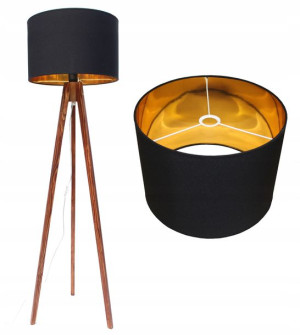 Lampa Stojąca Podłogowa Drewno Abażur Złoty Xl 45