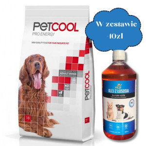 PETCOOL Pro Energy dla dorosłych psów 18kg + Olej z łososia dla psów i kotó