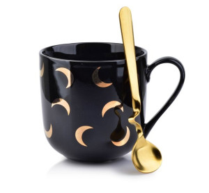 Czarny Złoty Kubek Porcelanowy Z Łyżeczką Do Kawy Glamour 480ml