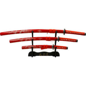 Czerwony Smok Zestaw Mieczy Katana Wakizashi Tanto Plus Stojak Hk1109
