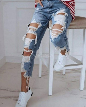Modne Damskie Jeansy z Dziurami 32