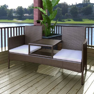 Dwuosobowa sofa ze stolikiem rattan PE brąz