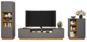 Zestaw Szafka Tv 200cm Witryna Komoda Loft Skandynawska Szary/dąb Naturalny
