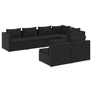 7-cz. zestaw mebli do ogrodu, z poduszkami, rattan PE, czarny