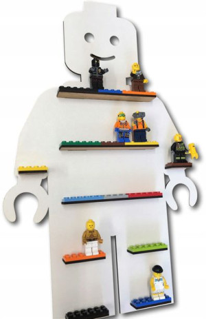 Półka na minifigurki lego, biała, pomieści 30 figurek, klocki kolorowe