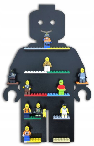 Półka na minifigurki lego, czarna, pomieści do 30 figurek, klocki kolorowe