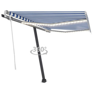 Ręcznie zwijana markiza z LED, 350 x 250 cm, niebiesko-biała