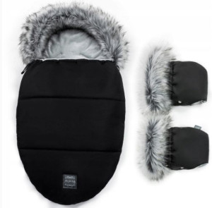 FLOO ŚPIWOREK + RĘKAWICE do wózka futerko BLACK/GR
