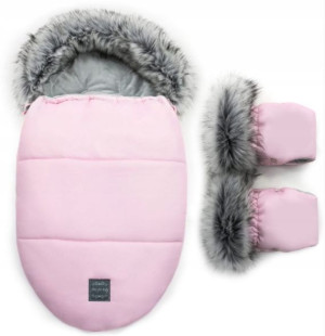 FLOO ŚPIWOREK + RĘKAWICE do wózka z futerkiem PINK