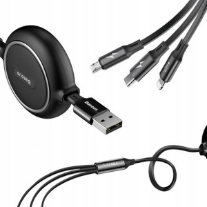 Baseus Rozwijany Kabel 3w1 Usb 35cm - 120cm Czarny