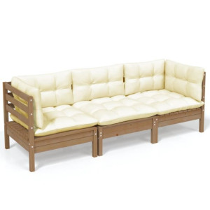 3-osobowa sofa ogrodowa z kremowymi poduszkami, drewno sosnowe