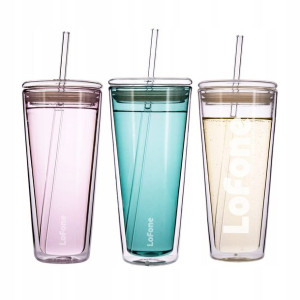 Szklany Kubek Termiczny Z Pokrywką x2 Słomki 600ml