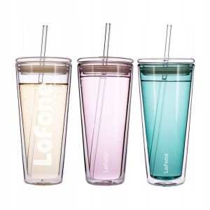 Szklany Kubek Termiczny Z Pokrywką x2 Słomki 600ml