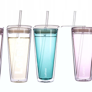 Szklany Kubek Termiczny Z Pokrywką x2 Słomki 600ml