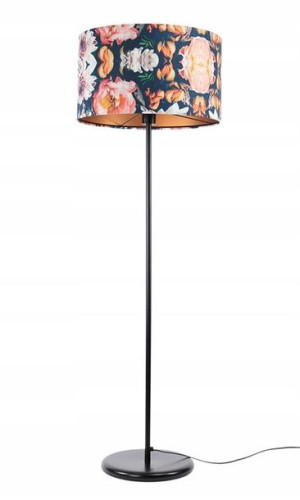 Lampa Stojąca Podłogowa Z Abażurem W Kwiaty Czarna
