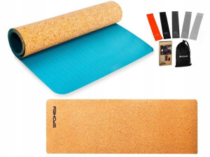 SPOKEY Mata Korkowa Do Ćwiczeń Fitness Jogi 180x60 cm + Zestaw 5 Gum