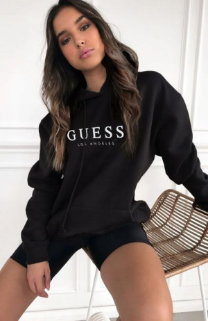 Bluza damska czarna ocieplana Guess Los Angeles z Kapturem Kangurka L