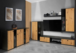 Meblościanka + Komoda Z Lamelami Do Salonu Stevil Czarny + Dąb Artisan