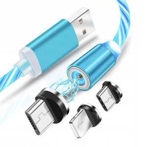 Świecący kabel magnetyczny USB-Lightning, USB-C, Micro 3w1 100cm niebieski