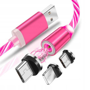 Świecący kabel magnetyczny USB-Lightning, USB-C, Micro 3w1 100cm różowy