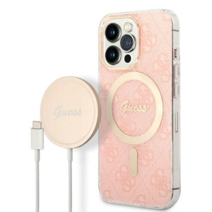 Zestaw Guess Case+ Charger Iphone 13 Pro Pink Hard Case 4g Print Magsafe