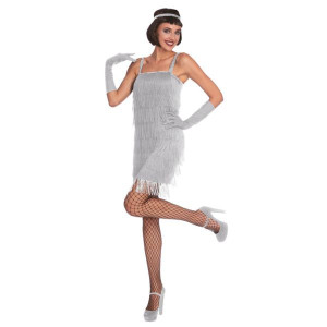 Sukienka Retro Flapper Srebrna Szara Frędzle - Xl
