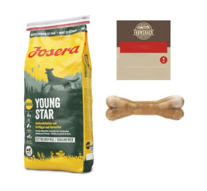 JOSERA YoungStar - Grain Free 15kg + FarmSnack Kość dla psa 10cm