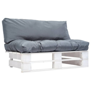 Sofa ogrodowa z palet z szarymi poduszkami, sosna
