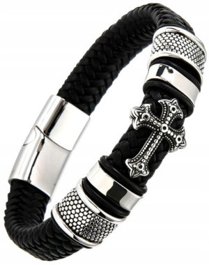 Bransoletka warkocz punk męska stal skóra krzyż