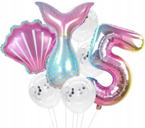 Balony urodzinowe 7szt konfetti 5 latka syrenka
