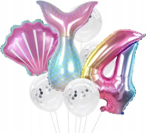 Balony urodzinowe 7szt konfetti 4 latka syrenka