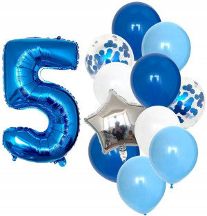 Balony urodzinowe 12szt niebieskie cyfra 5 latka
