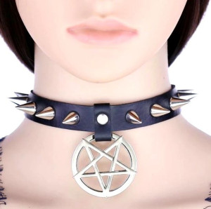 Skórzany naszyjnik czarny obroża gotycka Pentagram